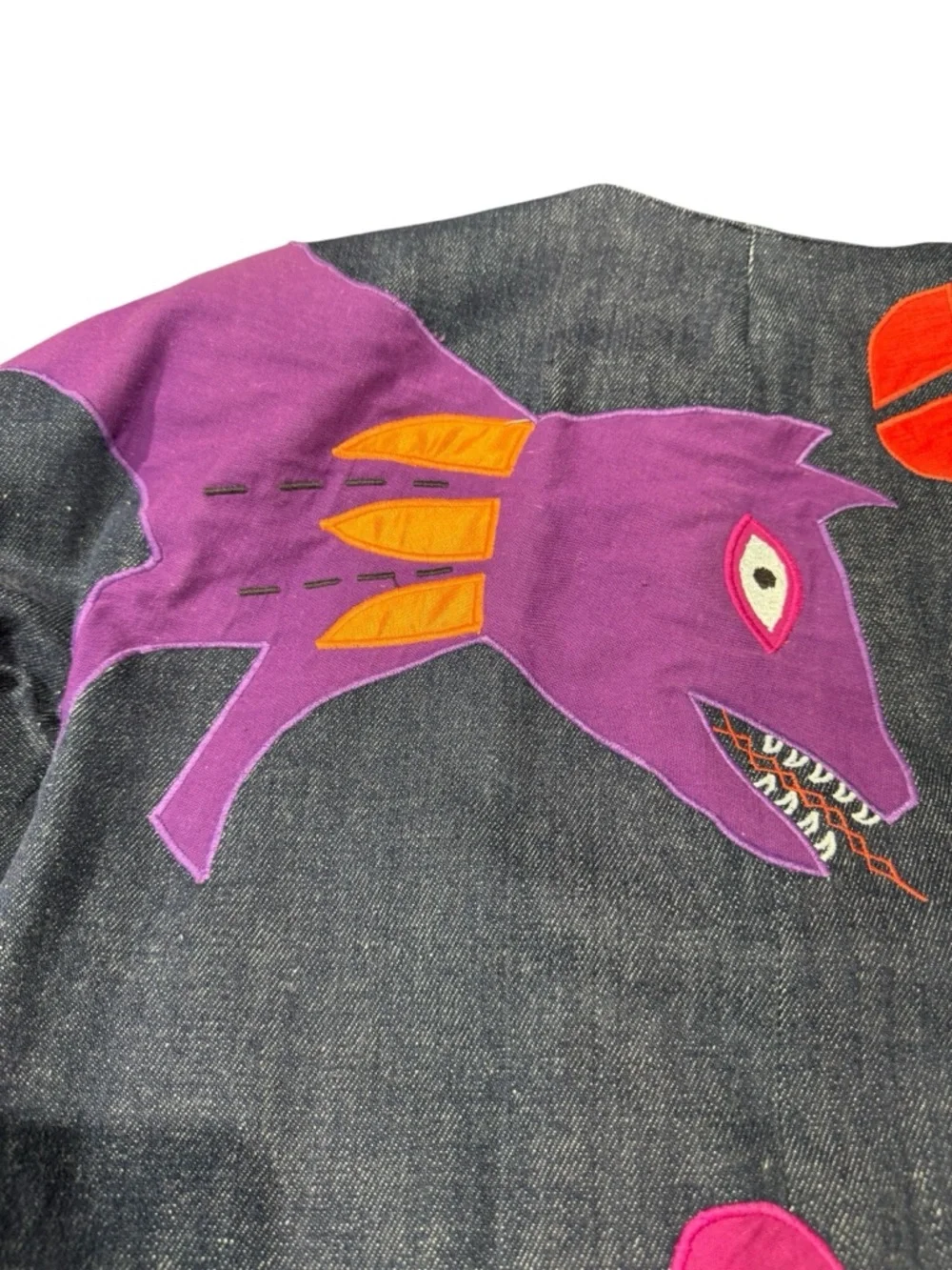 Vintage Girasol Mexican Whimsical Appliqué Denim Jacket Multicolor Animal Motifs